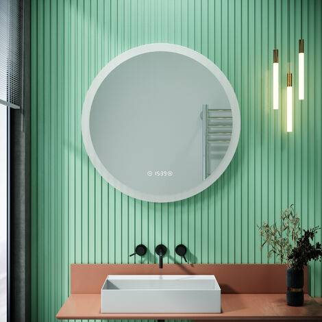 ELEGANT Round Illuminated LED Bathroom Mirror Touch Sensor + Demister 600 x 600 mm Clock Display
