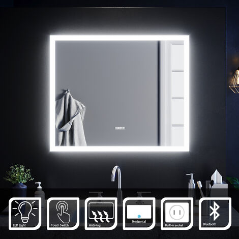 Elegant - Anti-foggy Wall Mounted Mirror LED Illuminated Bathroom Mirror With Bluetooth Audio 600 x 800mm + Clock Function + Shaver Socket