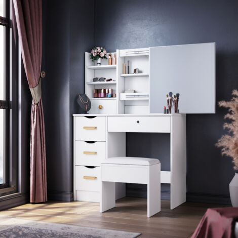 ELEGANT Modern Sliding Mirror Dressing Table 5 Drawers Bedroom White Makeup Desk Vanity Set with Stool