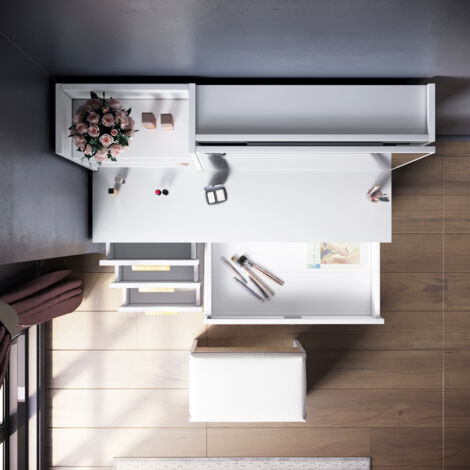 ELEGANT Modern Sliding Mirror Dressing Table 5 Drawers Bedroom White Makeup Desk Vanity Set with Stool