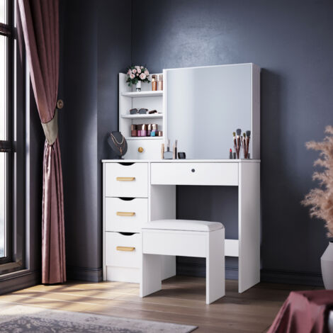 ELEGANT Modern Sliding Mirror Dressing Table 5 Drawers Bedroom White Makeup Desk Vanity Set with Stool