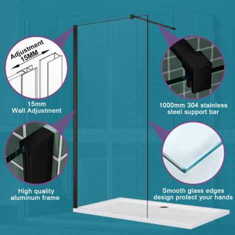ELEGANT Walk In Shower Enclosure 1000mm Black Wet Room Frameless Shower Screen 8mm Nano Glass Shower Door