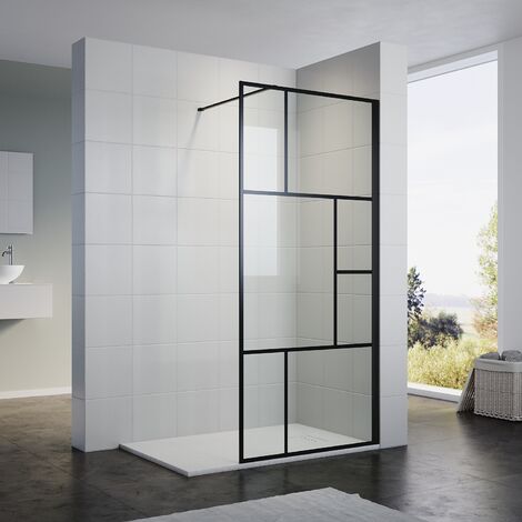 ELEGANT Black Grid Frame Walk in Shower Screen 760mm Easy Clean Safety Tempered Glass Bathroom Open Entry Shower Screen Reversible Shower Door with Antislip Shower Tray 1200 x 900 mm
