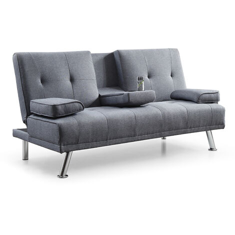 ELEGANT Grey Sofa Bed 3 Seater 3 Inclining Positions with Drink Cup Holder Luxury Sofa Bed for Living Room