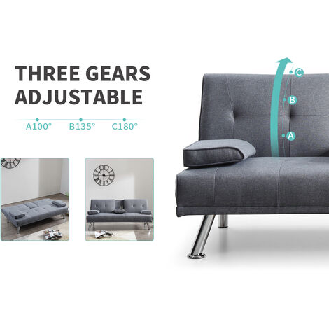 ELEGANT Grey Sofa Bed 3 Seater 3 Inclining Positions with Drink Cup Holder Luxury Sofa Bed for Living Room