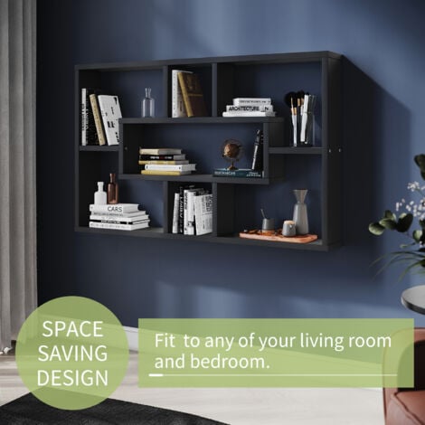 Elegant 3 Tier Floating Wall Mounted Black Wood Bookcase and Shelves Home Office with Wheels 760mm