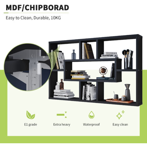 Elegant 3 Tier Floating Wall Mounted Black Wood Bookcase and Shelves Home Office with Wheels 760mm