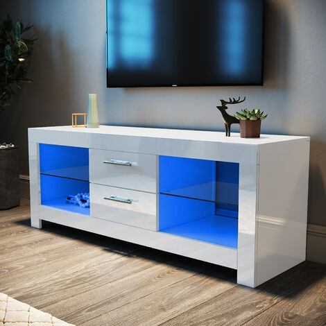 ELEGANT Modern High Gloss TV Stand Cabinet with LED Light Living Room Bedroom Furniture Television Unit TV Cabinet for Media Storage 1300mm White TV cabinet