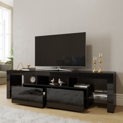 ELEGANT Modern High Gloss TV Stand Cabinet with LED Light Living Room Bedroom Furniture Television Unit TV Cabinet for Media Storage 1600mm Black TV cabinet