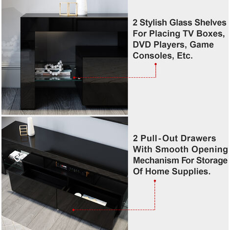 ELEGANT Modern High Gloss TV Stand Cabinet with LED Light Living Room Bedroom Furniture Television Unit TV Cabinet for Media Storage 1600mm Black TV cabinet