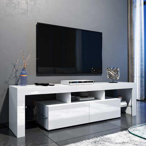 ELEGANT TV Stand TV Unit TV Cabinet with LED Lights High Gloss with Storage 1600mm White TV cabinet Style 2