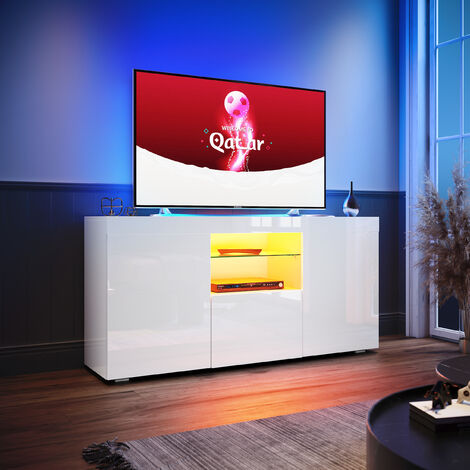 ELEGANT TV Stand TV Unit TV Cabinet with LED Lights High Gloss with Storage 1350mm White TV cabinet