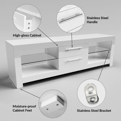 ELEGANT TV Stand High Gloss Entire Front TV Cabinet 1600mm with Ambient Lights for 32 40 43 50 52 55 60 65 inch 4k TV Living Room and Bedroom Furniture White