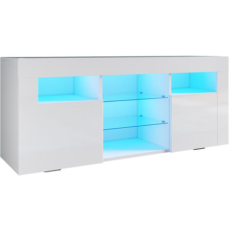 ELEGANT 1200mm White TV Unit High Gloss TV Cabinets for Living Room Bedroom with 2 Glass Shelves and 2 Doors, Handleless Design