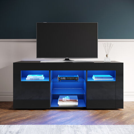 ELEGANT Black TV Cabinet High Gloss TV Cabinet Stand 1200mm with LED Lights TV Unit with Storage TV Stand Television Unit
