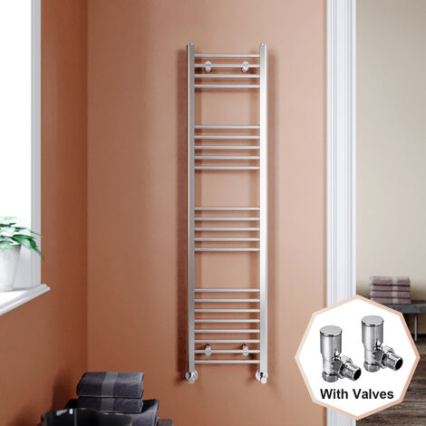 ELEGANT 1600 x 400 mm Chrome Modern Flat Panel Straight Towel Rail Radiator Bathroom Heated + Angled Radiator Valves (1/5)