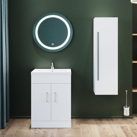 ELEGANT MFC Panel Grey Bathroom Vanity Units with High Gloss Resin Basin and BathRoom Tall Cabinet Floor Standing Double Doors Vanity Unit Include Soft Close Hinges and Handle