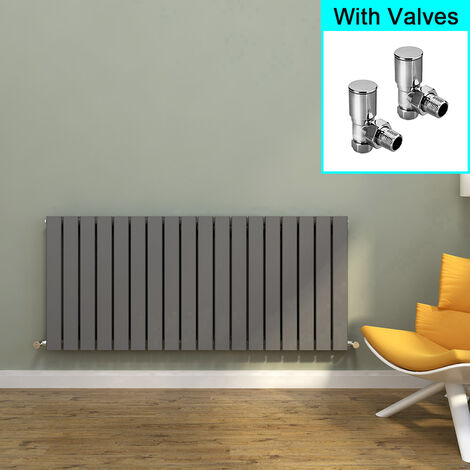 ELEGANT Anthracite Steel Radiator 600x1368mm Horizontal Double Flat Panel + Angled Radiator Valves (1/5)