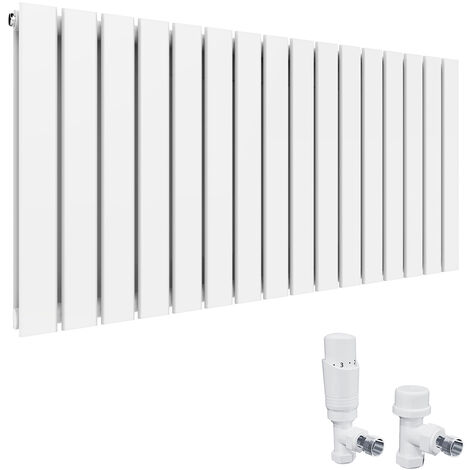 ELEGANT Horizontal Radiator Double Flat Panel 600x1216mm Designer White Radiator with White Thermostatic Radiator Valves