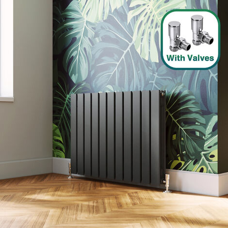 ELEGANT 600x836mm Designer Anthracite Double Flat Panel Horizontal Radiator Central Heating with Angled Radiator Valves (1/5)