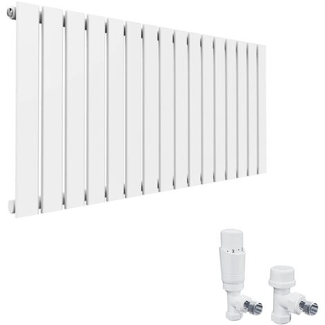 ELEGANT White Horizontal Flat Panel Radiator 600x1216mm Designer Radiator with White Thermostatic Radiator Valves