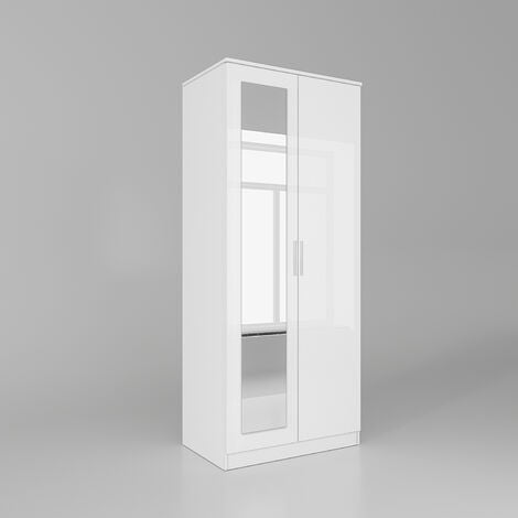 ELEGANT Wardrobe 2 Doors High Gloss Bedroom Storage Furniture with Shelf and Hanging Rail White with Mirror