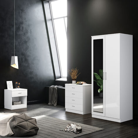 ELEGANT Wardrobe Set High Gloss 3 Piece Bedroom Storage Furniture Include 2 Soft Close Doors Wardrobe and 4 Drawer Chest and Bedside Cabinet White with Mirror