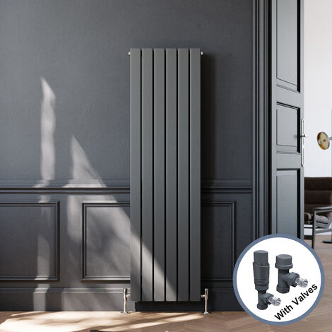 ELEGANT Central Heating Radiator Vertical 1600x456mm Designer Anthracite Double Flat Panel Premium Mild Steel + Thermostatic Radiator Valves (1/5)
