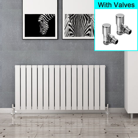 ELEGANT 600x1216mm Designer White Flat Panel Horizontal Radiator Central Heating with Angled Radiator Valves (1/5)