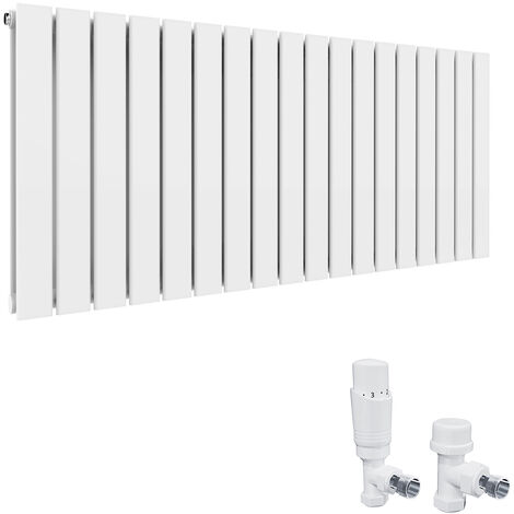 ELEGANT 600x1368mm White Designer Radiator Horizontal Double Flat Panel Radiator with White Thermostatic Radiator Valves