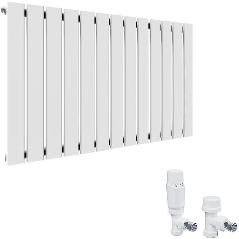 ELEGANT Horizontal Radiator Single Flat Panel 600x988mm Designer White Radiator with White Thermostatic Radiator Valves