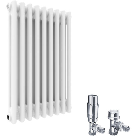 ELEGANT 600 x 420mm Double Bar Traditional Horizontal Column Radiator White with Chrome Thermostatic Radiator Valves