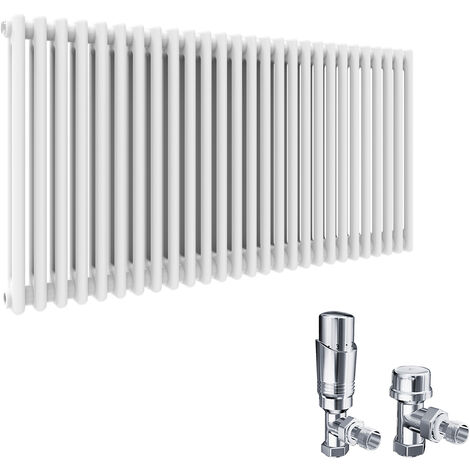 ELEGANT 600 x 1484mm Double Bar Traditional Horizontal Column Radiator White with Chrome Thermostatic Radiator Valves