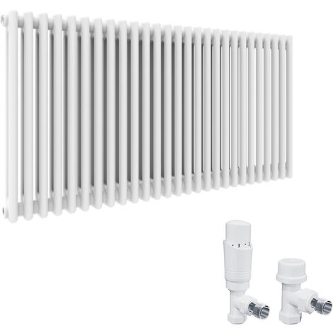 ELEGANT Traditional Column Radiator Horizontal White Double Bar Heater Central Heating + White Thermostatic Radiator Valves 600 x 1484mm