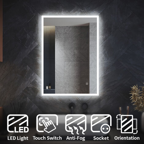 ELEGANT Backlit Bathroom LED Mirror Light with Shaver Socket Demister Pad Touch Switch Vertical/Horizontal 700x500mm (1/5)