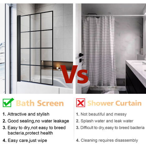 ELEGANT Shower Bath Screen 800x1400mm Framed Black Square Grid Reversible 5mm Toughened Safety Glass 180 Degree Pivot, Matt Black