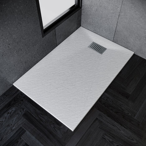 ELEGANT Anti-Slip Shower Tray for Enclosure Wet Room Slimline White Rectangular Stone Tray 1200 x 700 x 30 mm + Free Waste Trap + Stainless Steel Strip Drain Cover