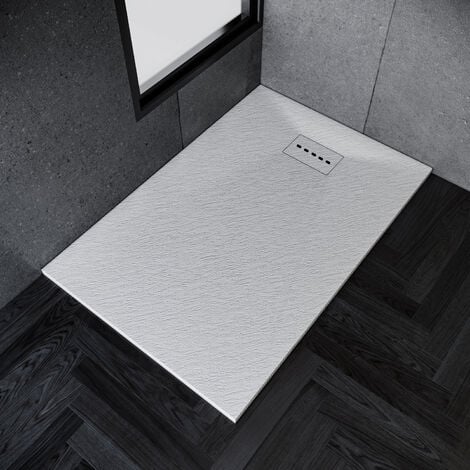 ELEGANT Low Profile Shower Tray White Anti Slip Shower Tray Rectangular Slate Effect Shower Base Tray 1400 x 700 x 30 mm with Free Waste Trap, Slate Drain Cover