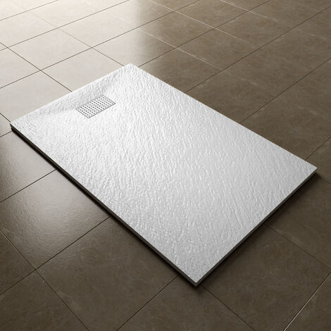ELEGANT 1400x900mm Slip-Resistance Shower Tray White Slate Effect Square Shower Enclosure Base with Waste Trap and Stainless Steel Drain Cover A