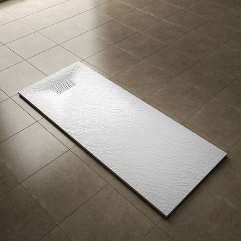 ELEGANT 1700x700mm Slip-Resistance Shower Tray White Slate Effect Square Shower Enclosure Base with Waste Trap and Stainless Steel Drain Cover A