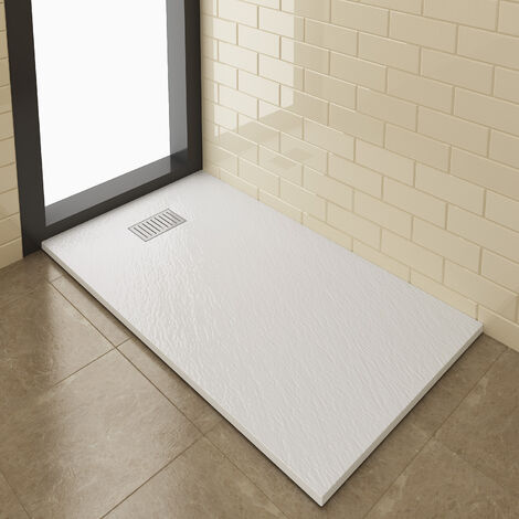 ELEGANT Shower Tray 1400x800mm White Slate Effect Square Shower Enclosure Base with Waste Trap and Stainless Steel Drain Cover B