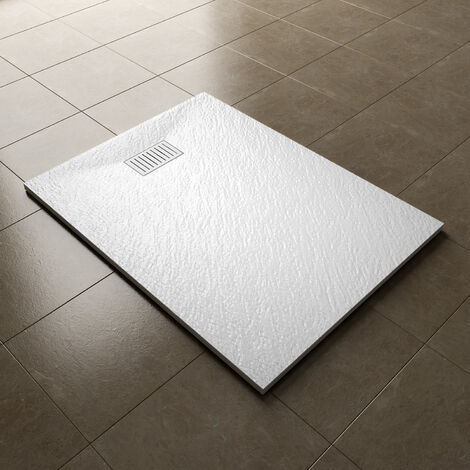 ELEGANT 1200x900mm Slip-Resistance Shower Tray White Slate Effect Square Shower Enclosure Base with Waste Trap and Stainless Steel Drain Cover B (1/5)