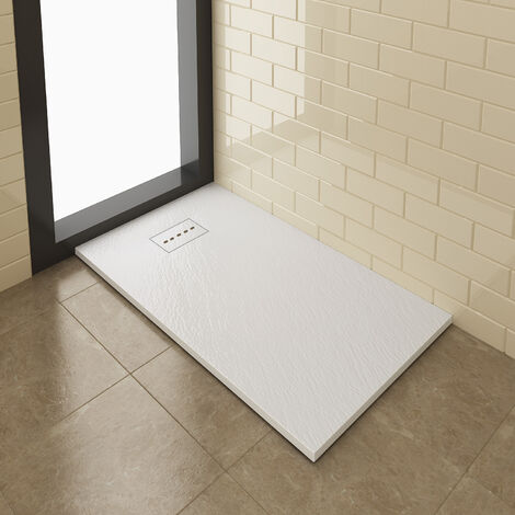 ELEGANT White Slate Effect Shower Tray Rectangular Grain Shower Base with Waste Trap 1200x700mm