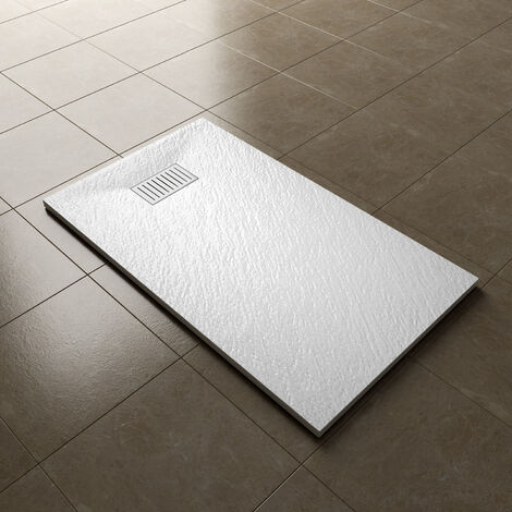 ELEGANT 1200x700mm Slip-Resistance Shower Tray White Slate Effect Square Shower Enclosure Base with Waste Trap and Stainless Steel Drain Cover B