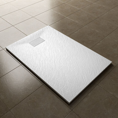 ELEGANT 1200x800mm Slip-Resistance Shower Tray White Slate Effect Square Shower Enclosure Base with Waste Trap and Stainless Steel Drain Cover A