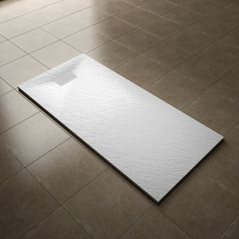 ELEGANT 1700x800mm Slip-Resistance Shower Tray White Slate Effect Square Shower Enclosure Base with Waste Trap and Stainless Steel Drain Cover A