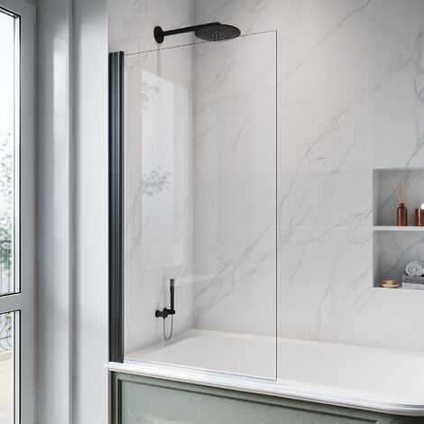ELEGANT 800x1400mm Pivot Bath Screen Frameless Reversible Over Bath 5mm Safety Tempered Glass Panel Shower Screen for Bath, Black Aluminium Profile