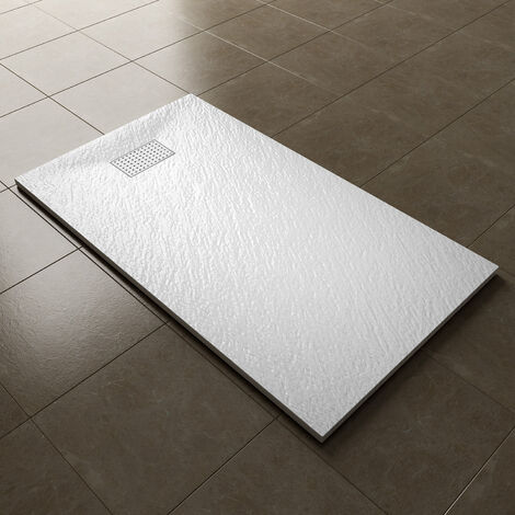 ELEGANT 1400x800mm Slip-Resistance Shower Tray White Slate Effect Square Shower Enclosure Base with Waste Trap and Stainless Steel Drain Cover A