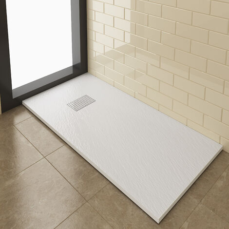 ELEGANT White Slate Effect Shower Tray 1400x700mm Square Shower Enclosure Base with Waste Trap and Stainless Steel Drain Cover A