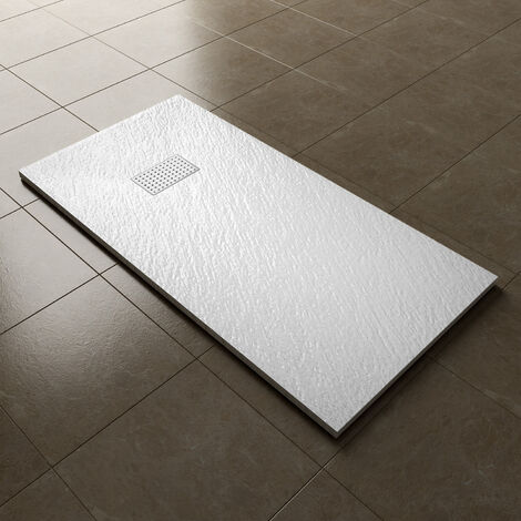 ELEGANT 1400x700mm Slip-Resistance Shower Tray White Slate Effect Square Shower Enclosure Base with Waste Trap and Stainless Steel Drain Cover A